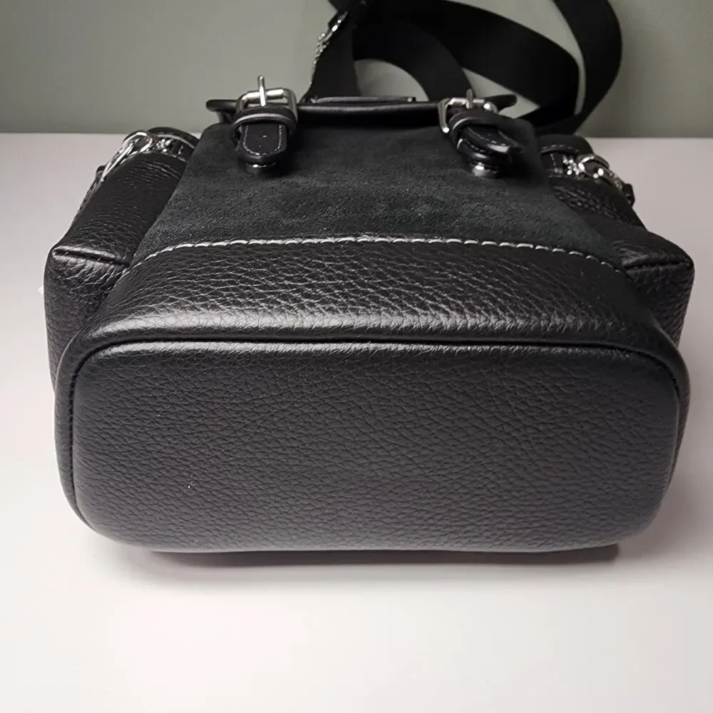NWT Coach CCE79 Sprint Sling Pack Silver Black Suede, refined pebble leather